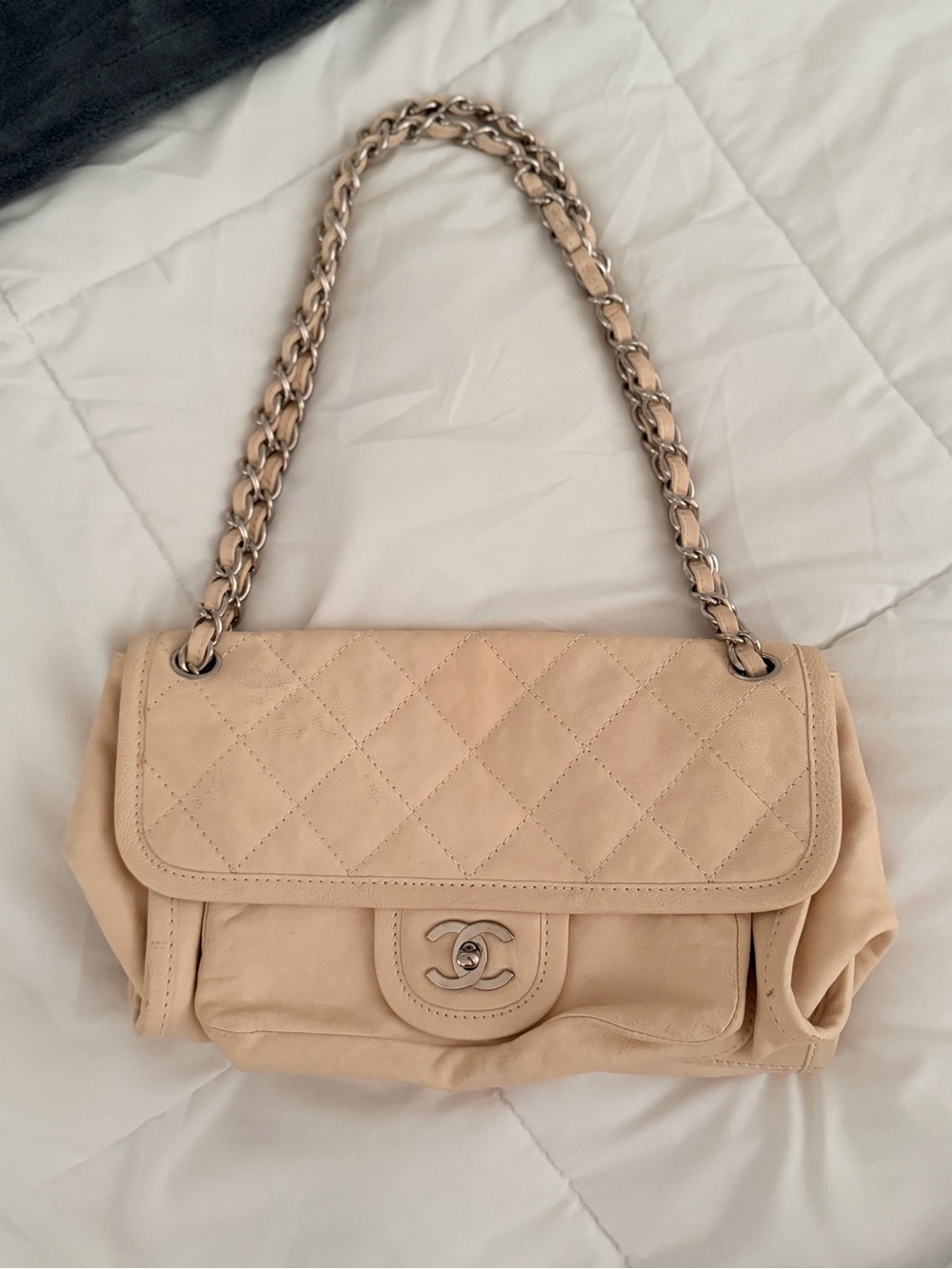 Authentic CHANEL Cream Quilted Leather Shoulder Bag with Silver Hardware